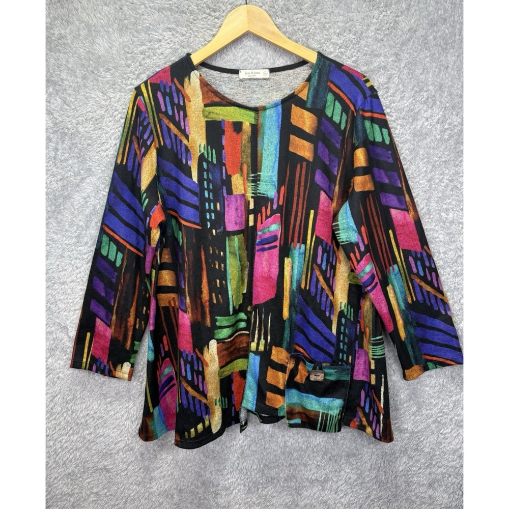 Jess & Jane Womens XL Times Square Tunic Top Abstract Artsy Colorful Lagenlook